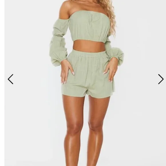 Prettylittlething Green Linen  Beach Shorts SZ USA 10 UK 14 - Picture 5 of 12